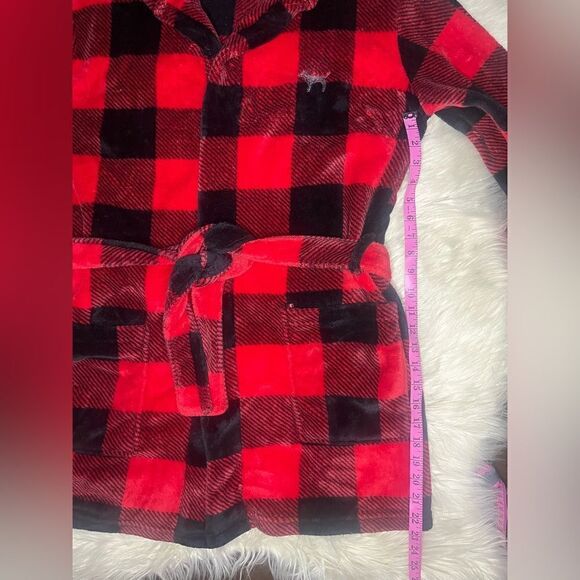 Victoria's Secret Pink Bling Plaid Fleece Hooded Robe Red/Black/Silver Dog XS - Picture 9 of 10